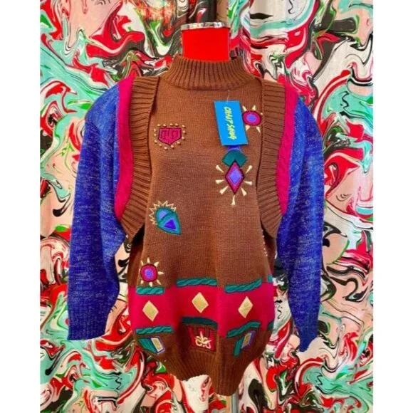 80s vintage colorful funky crazy abstract print novelty knit long sweater tunic - Picture 8 of 9